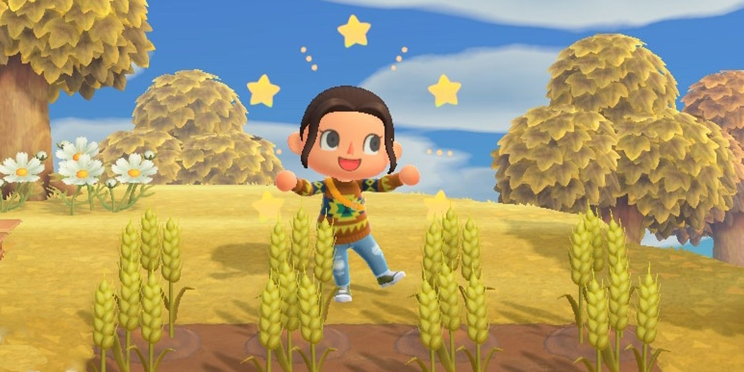 The player character looking happy in front of wheat crops in Animal Crossing: New Horizons.