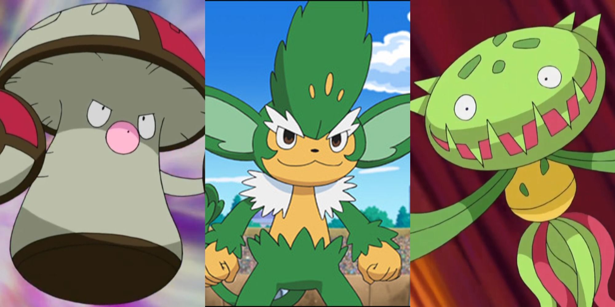 Split image showing Amoonguss, Simisage, and Carnivine in the Pokémon anime