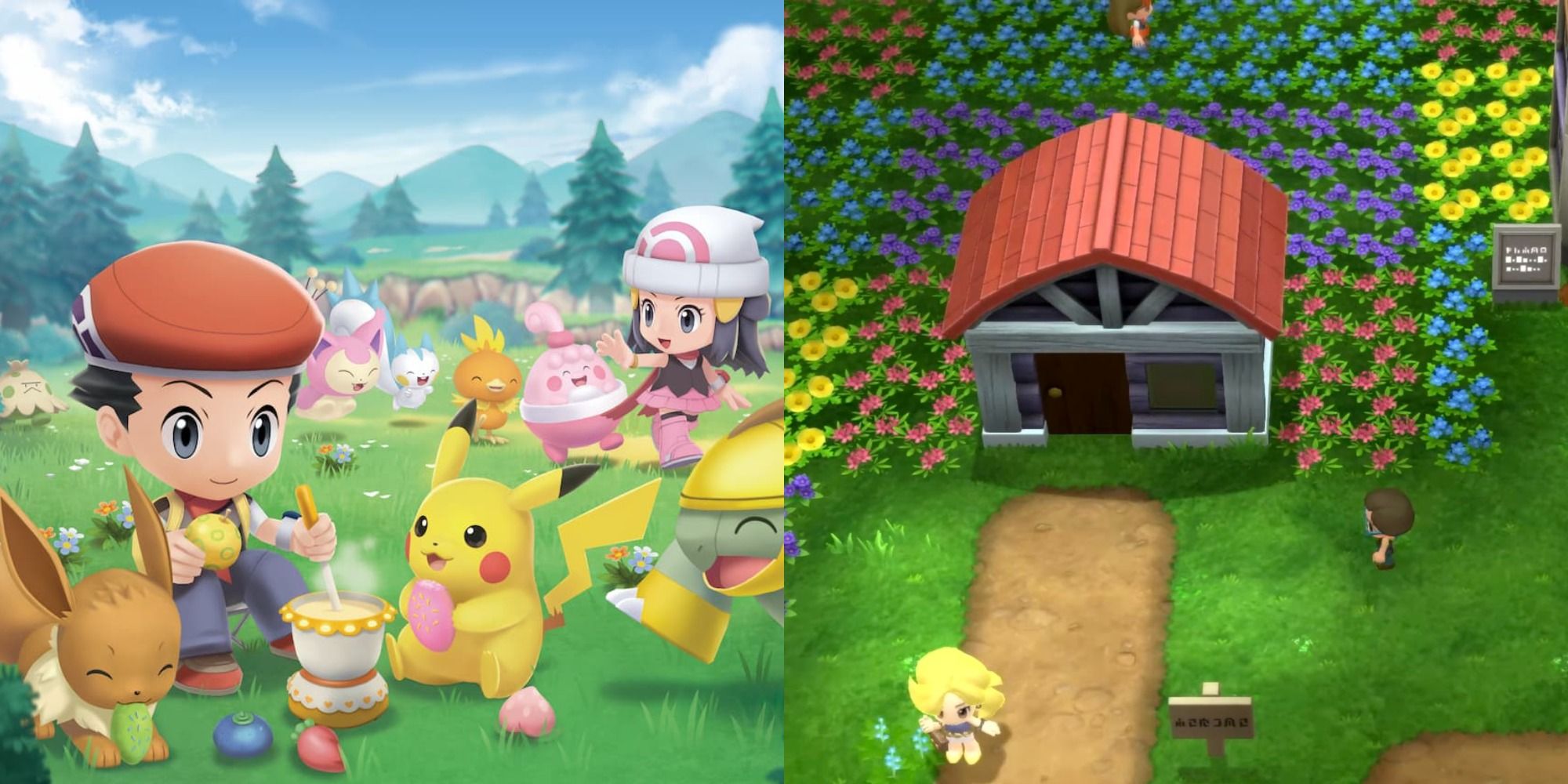 Split image showing Lucas and Dawn with some Pokémon, and Floaroma Town as seen in Pokémon BDSP