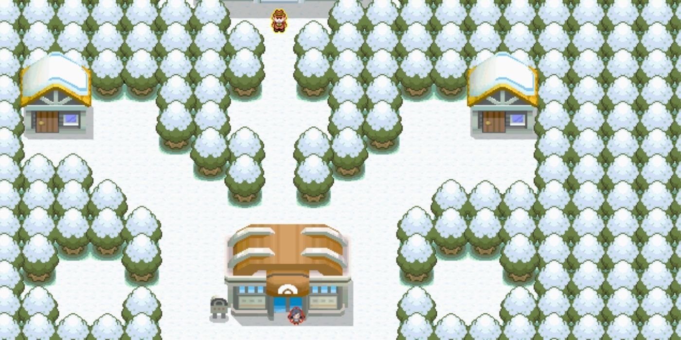 Snowpoint City as seen from above in Pokémon D&amp;P