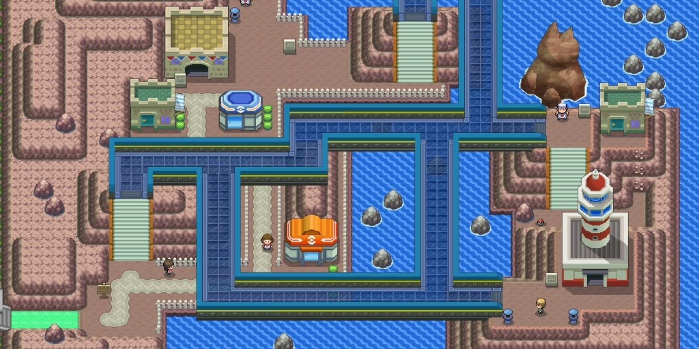 Sunyshore City as seen from above in Pokémon D&amp;P
