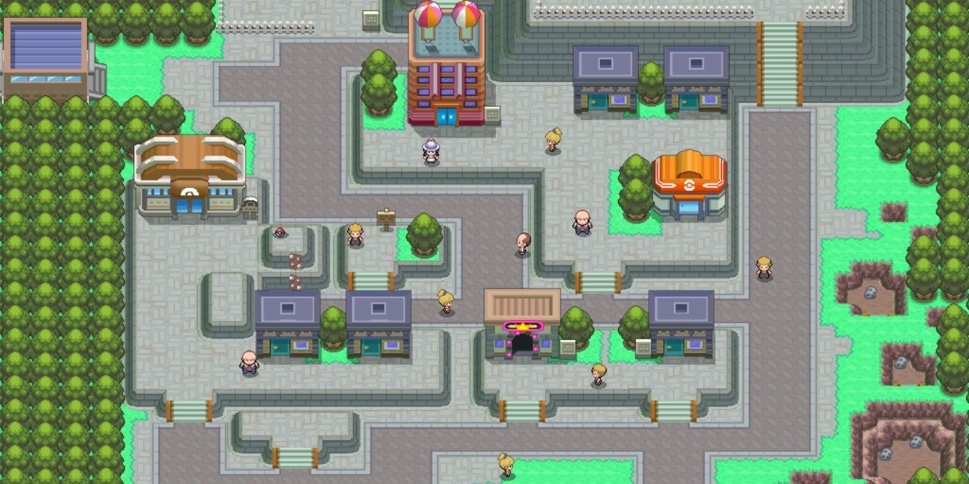 Veilstone City as seen from above in Pokémon D&amp;P