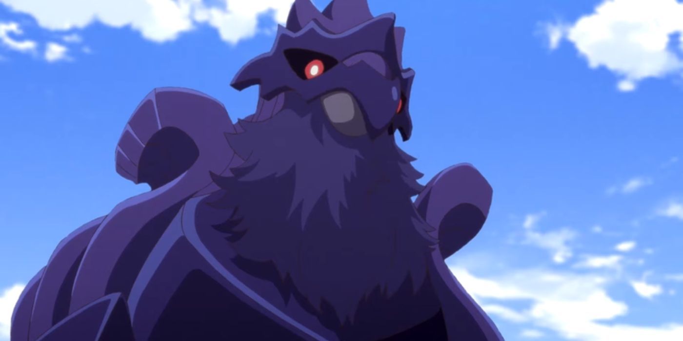 A Corviknight looking down at something in the Pokémon anime