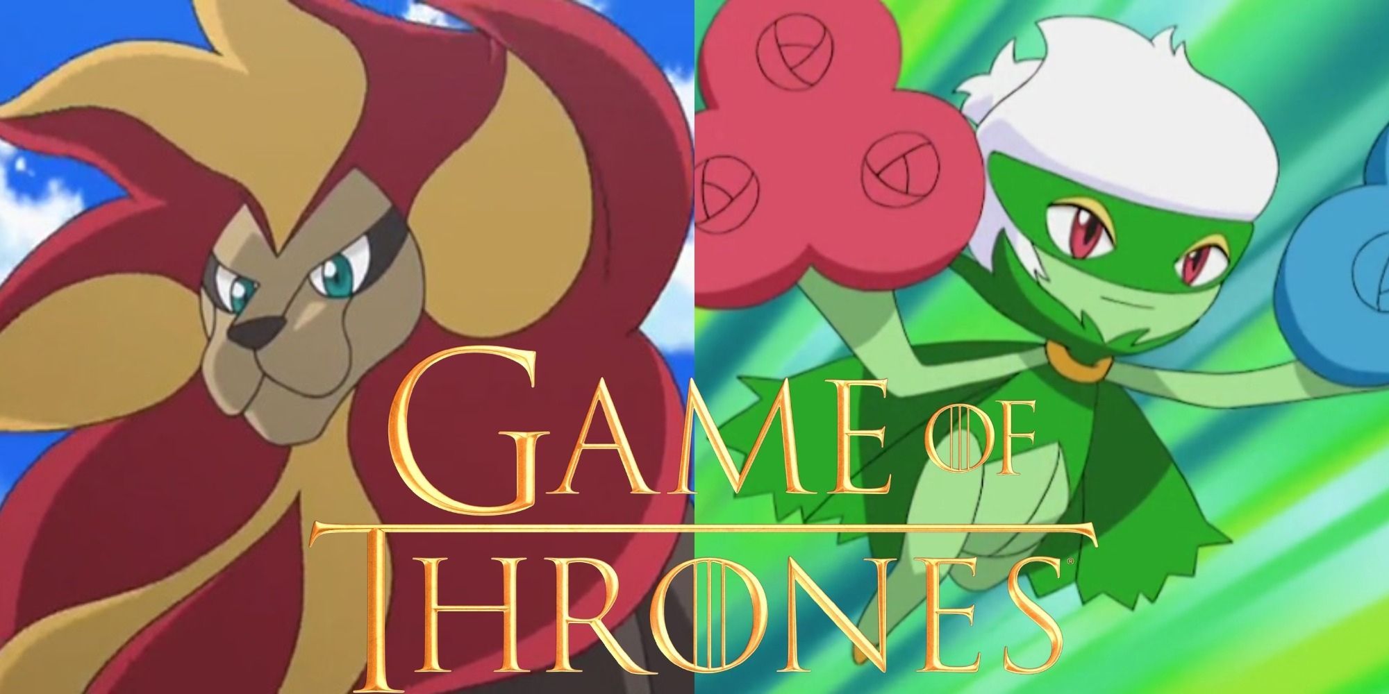 Split image of Pyroar and Roserade Pokemon with the Game of Thrones logo overlaid