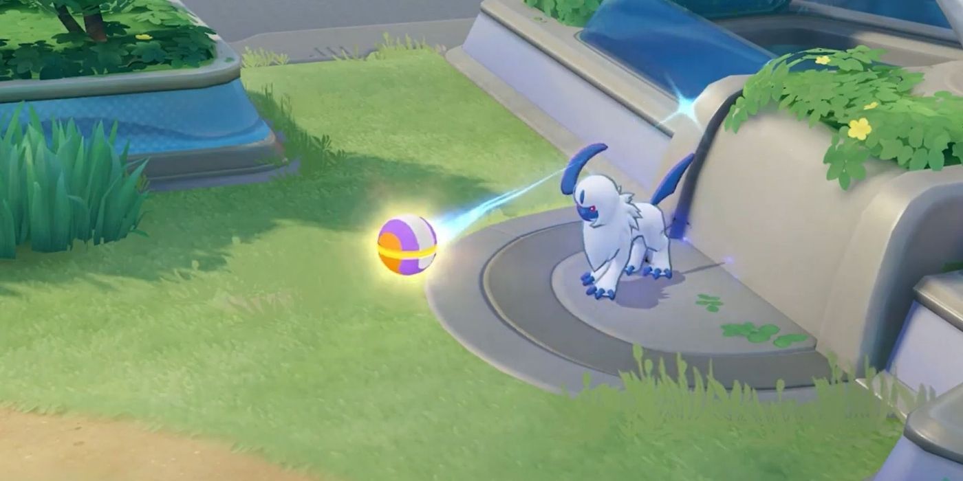 Absol in front of a glowing sphere in Pokémon Unite
