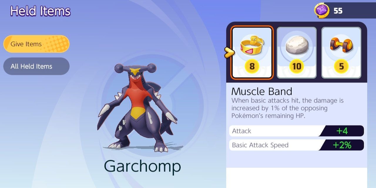Garchomp's item screen in Pokémon Unite