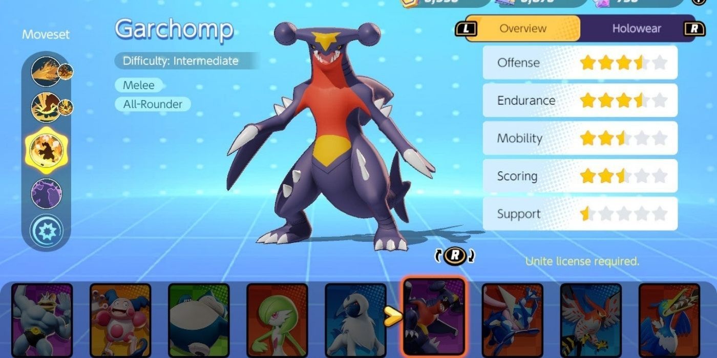 Garchomp Stats' menu in Pokémon Unite
