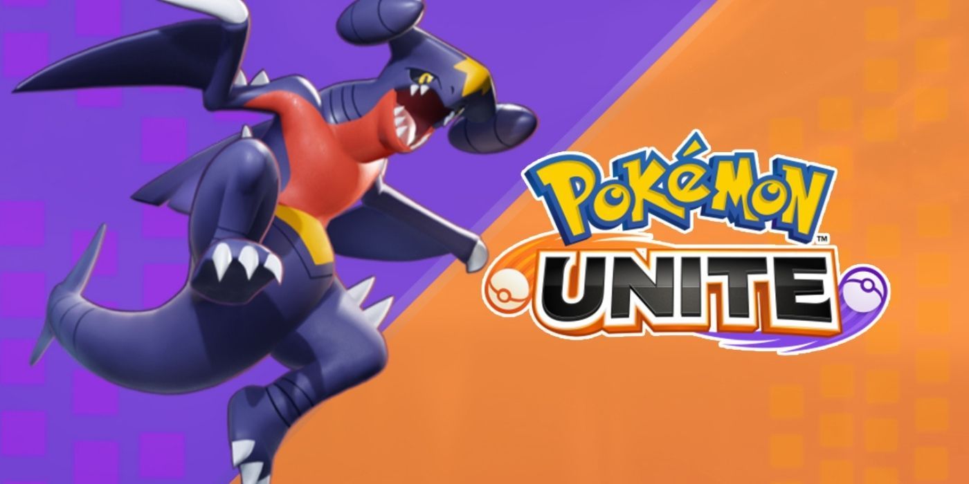 Garchomp jumping and the Pokémon Unite logo