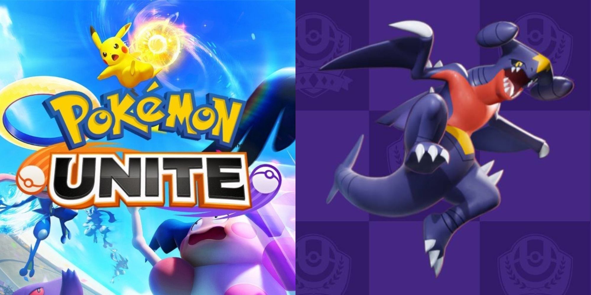 Split image showing the Pokémon Unite logo and Garchomp