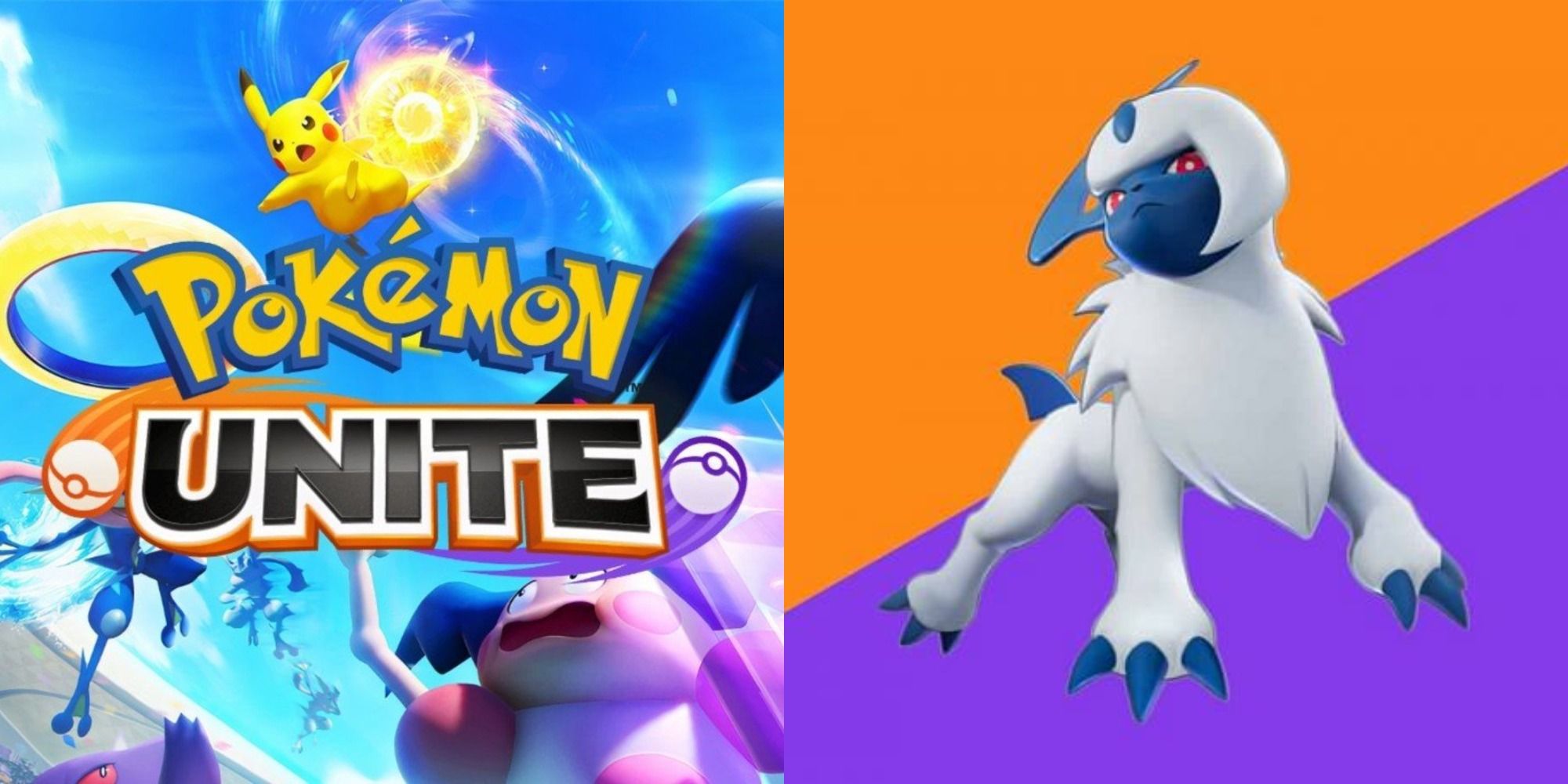 Split image showing the poster for Pokémon Unite and a promo image for Absol