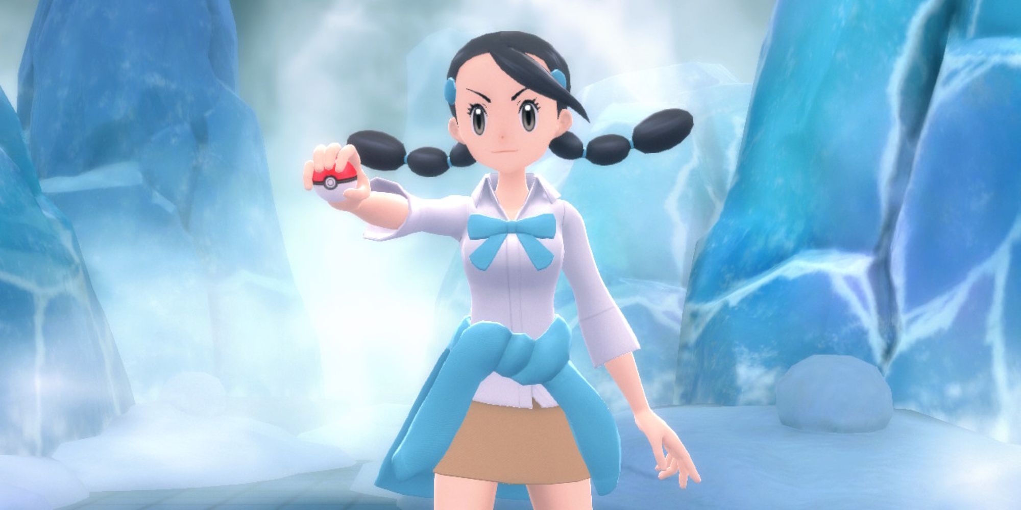 Candice pointing to the camera in Pokémon BDSP