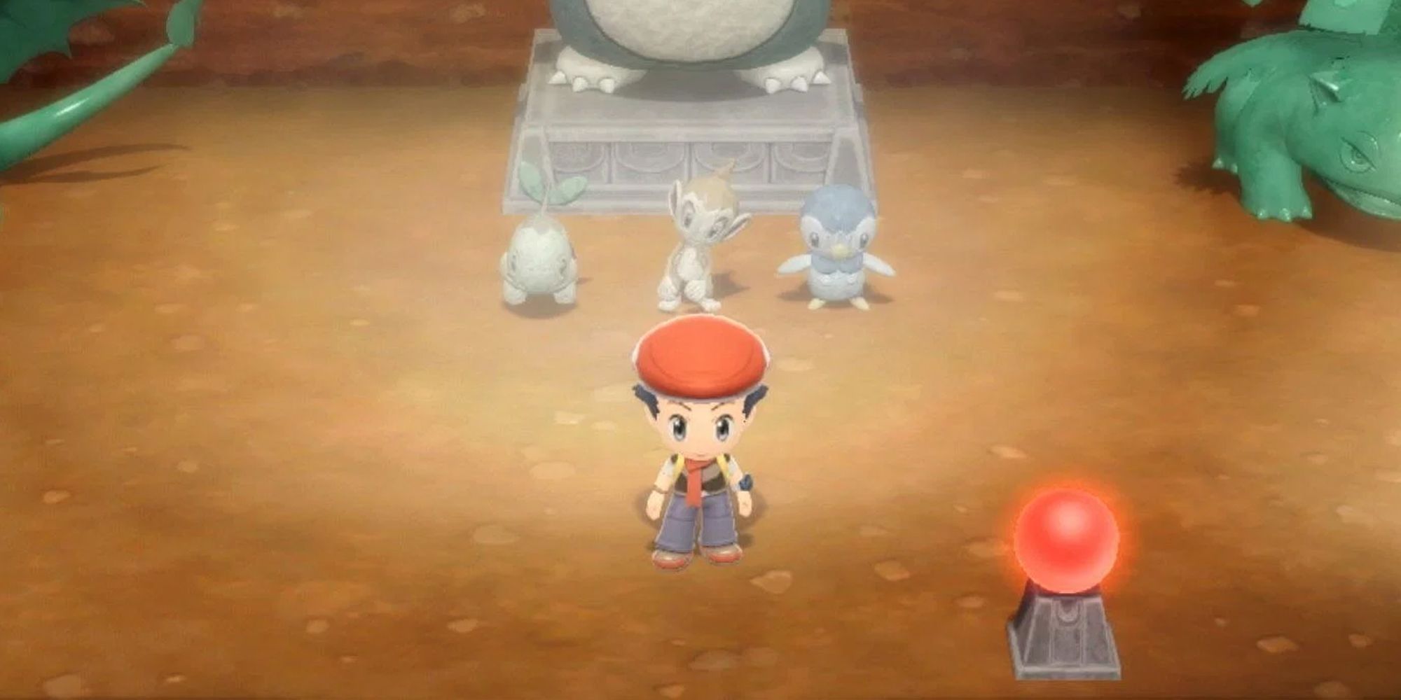 A Trainer in Pokemon BDSP standing in front of a shiny statue in the Grand Underground