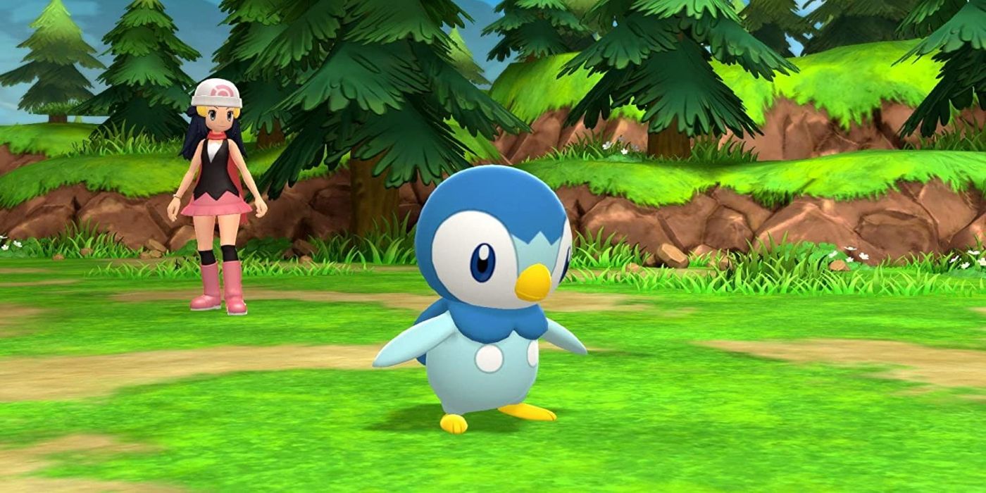 Dawn with a Piplup in Pokemon Brilliant Diamond and Shining Pearl 