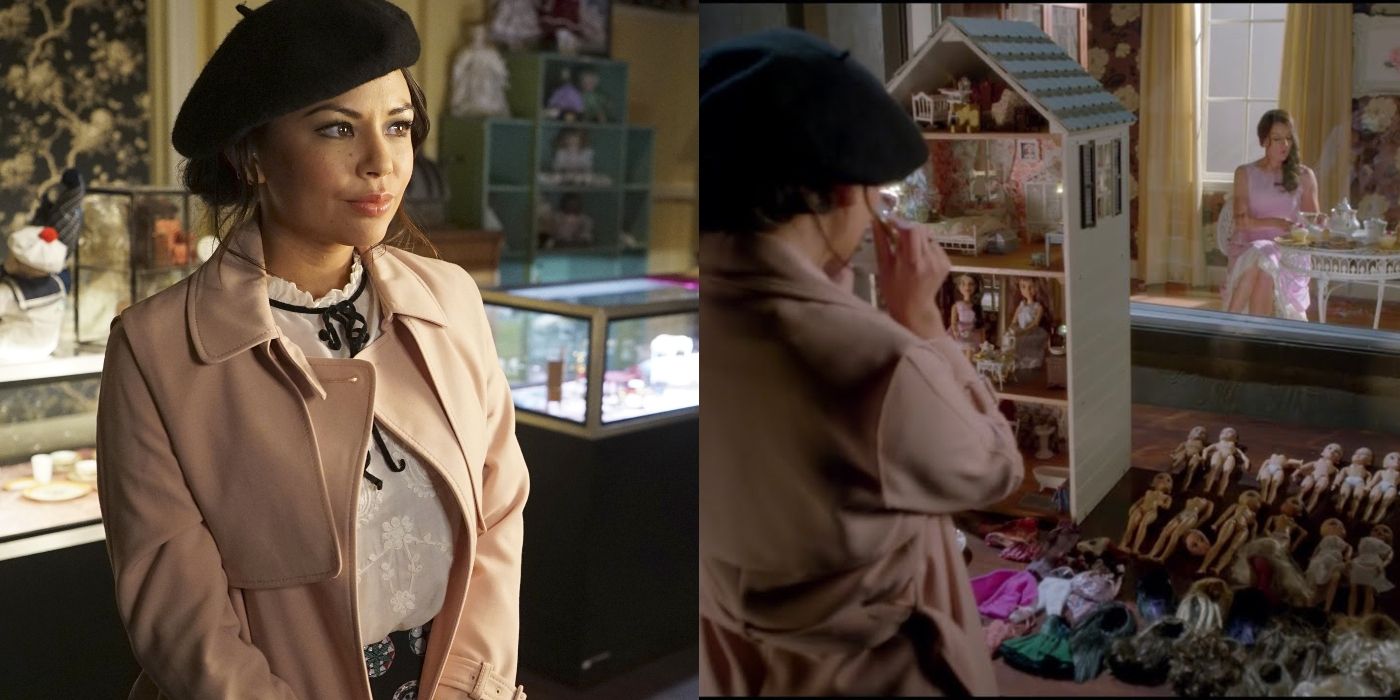 Split image of Mona playing with her dollhouse in France in Pretty Little Liars