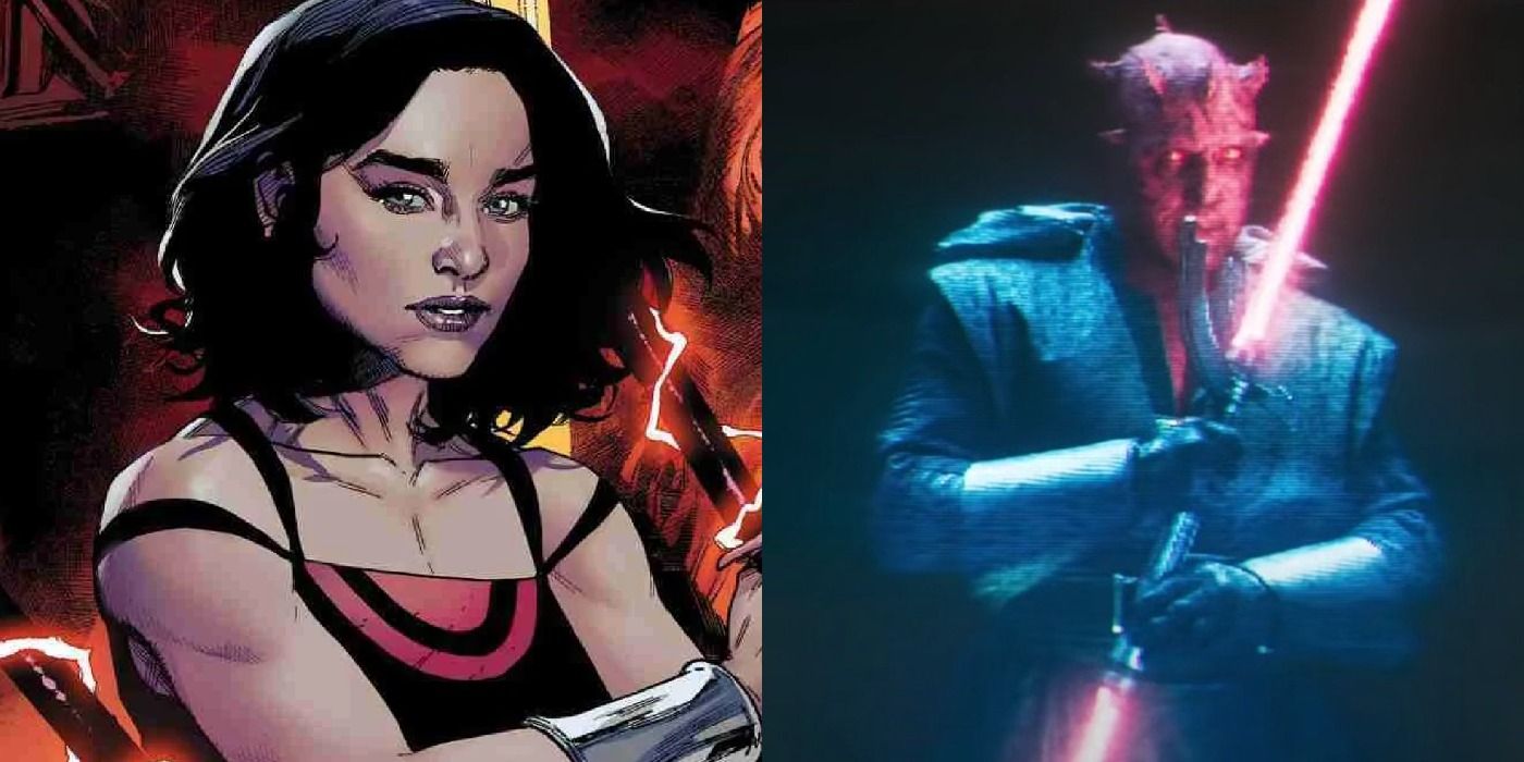 Split image of Qi'ra on the cover of Crimson Reign and Maul in Solo as a hologram