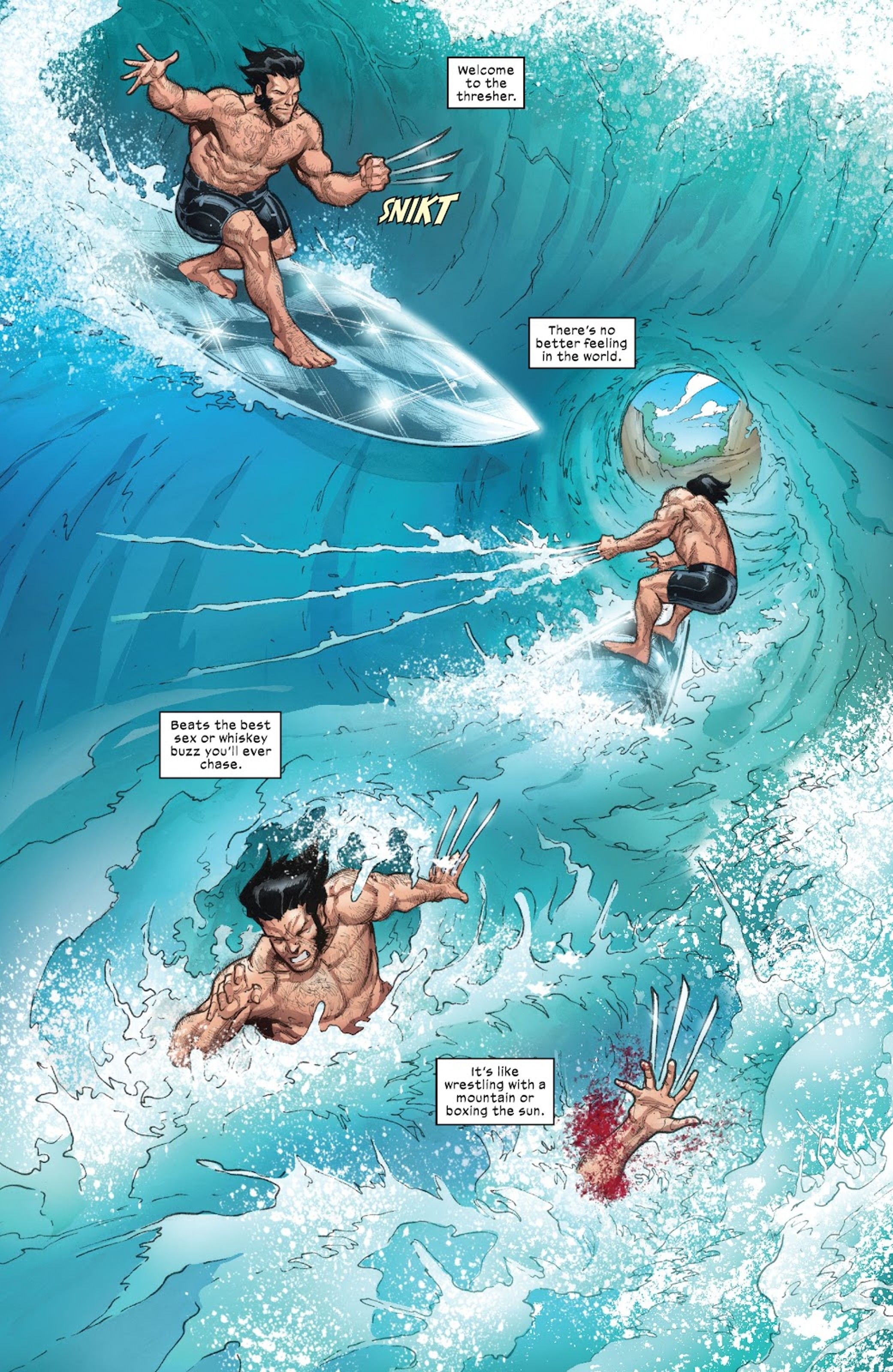 Wolverine drowning with adamantium surfboard.
