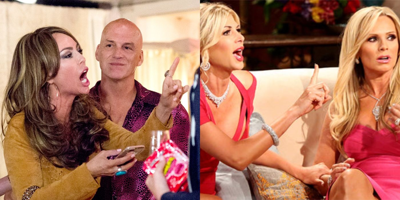 Split image of Kelly yelling at a party and Alexis and Tamra at a reunion of RHOC