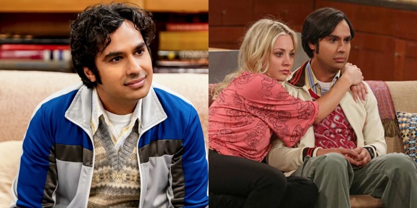 Split image of Raj smiling on a couch and Penny hugging Raj in The Big Bang Theory