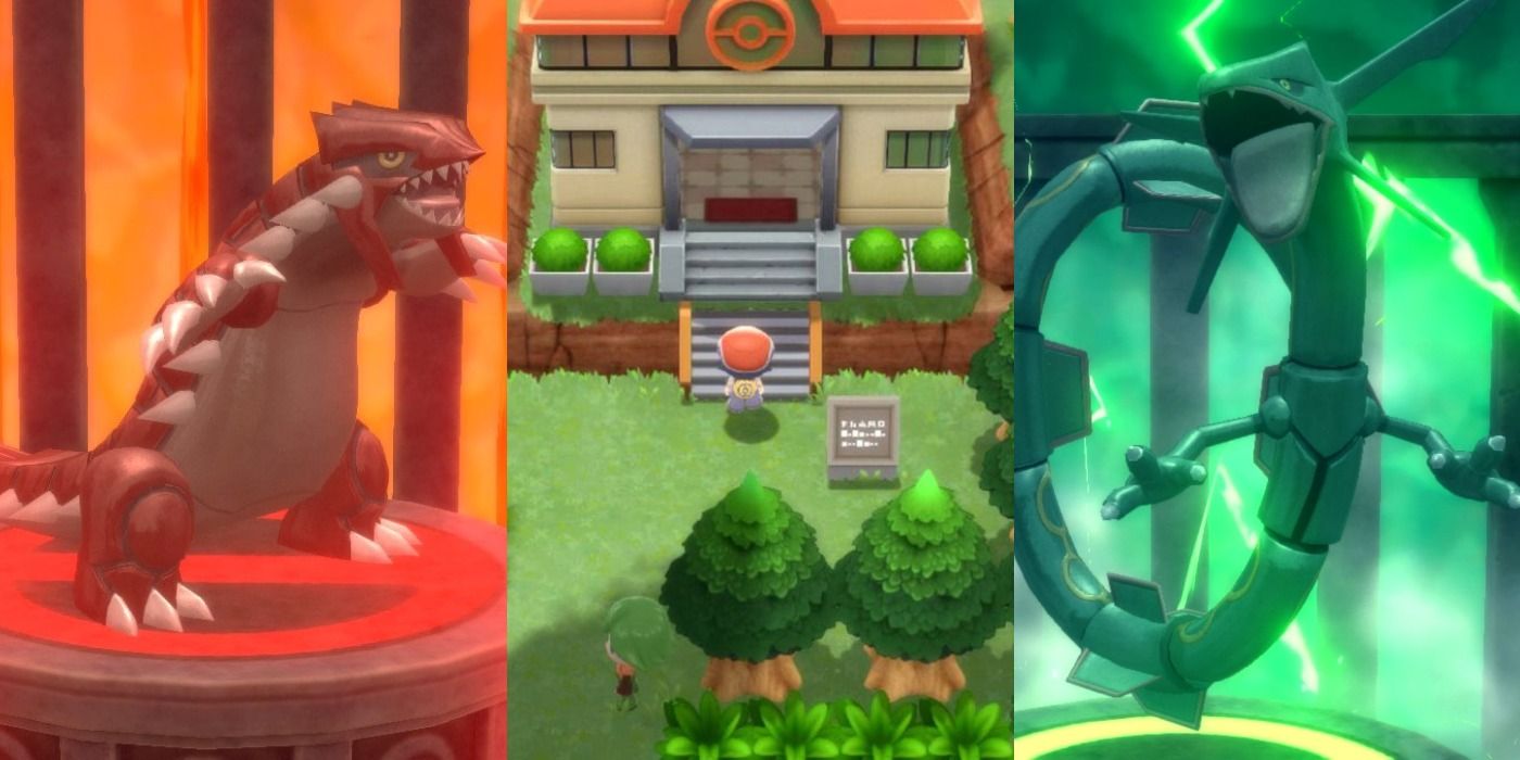 Split image of Groudon's Tectonic Room, Ramanas Park entrance, and Rayquaza's Stratospheric Room in Pokemon.