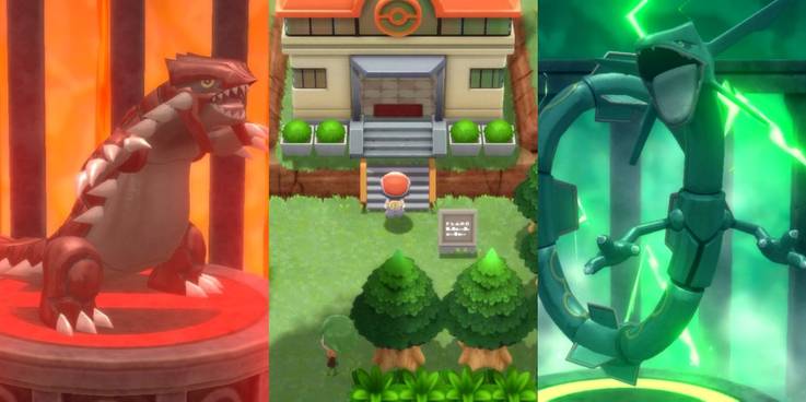 osztott kép Groudon tektonikus szobájáról, a Ramanas Park bejáratáról és Rayquaza sztratoszférikus szobájáról Pokemonban.
