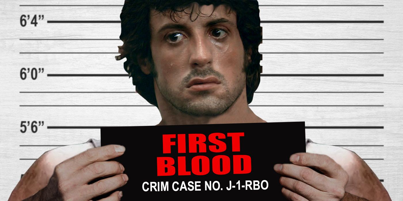 Image of John Rambo in a police lineup holding a sign from First Blood.