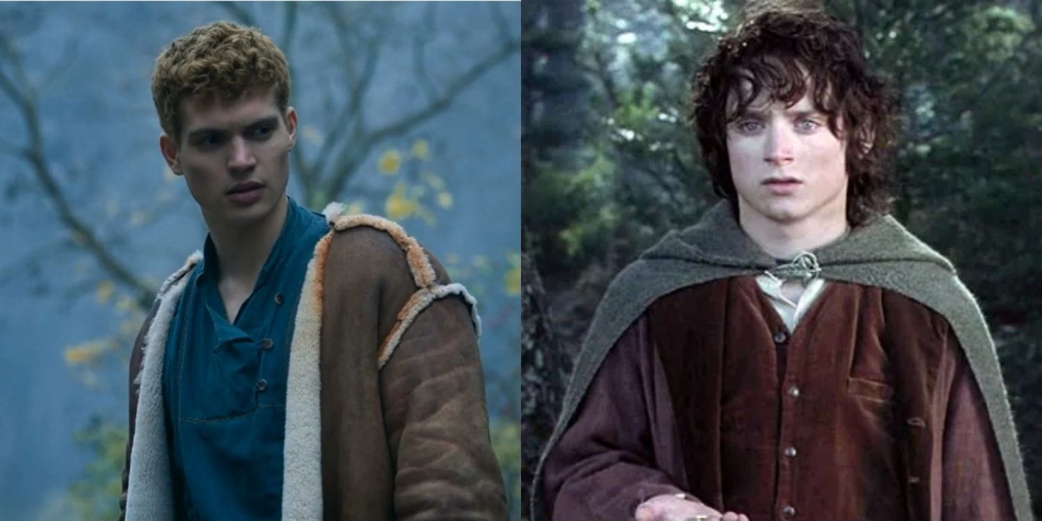 Rand in a sheepsking coat next to Frodo in his elven cloak