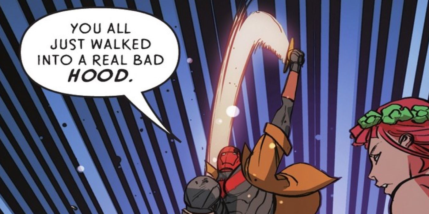 Red Hood leaps into action, cracking a joke