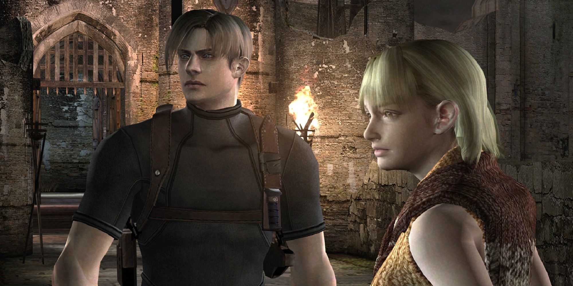 Leon and Ashley walking through a castle in Resident Evil 4