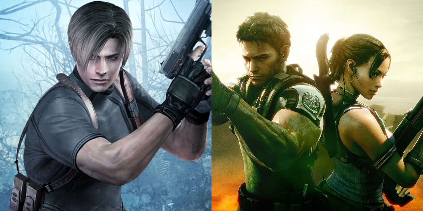 Split image of Leon S. Kennedy holding a gun and Chris and Sheva standing back to back in Resident Evil