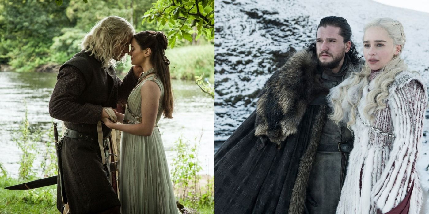 Split image of Rhaegar and Lyanna Stark getting married, and Jon and Daenerys looking on in the snows of Winterfell in Game of Thrones
