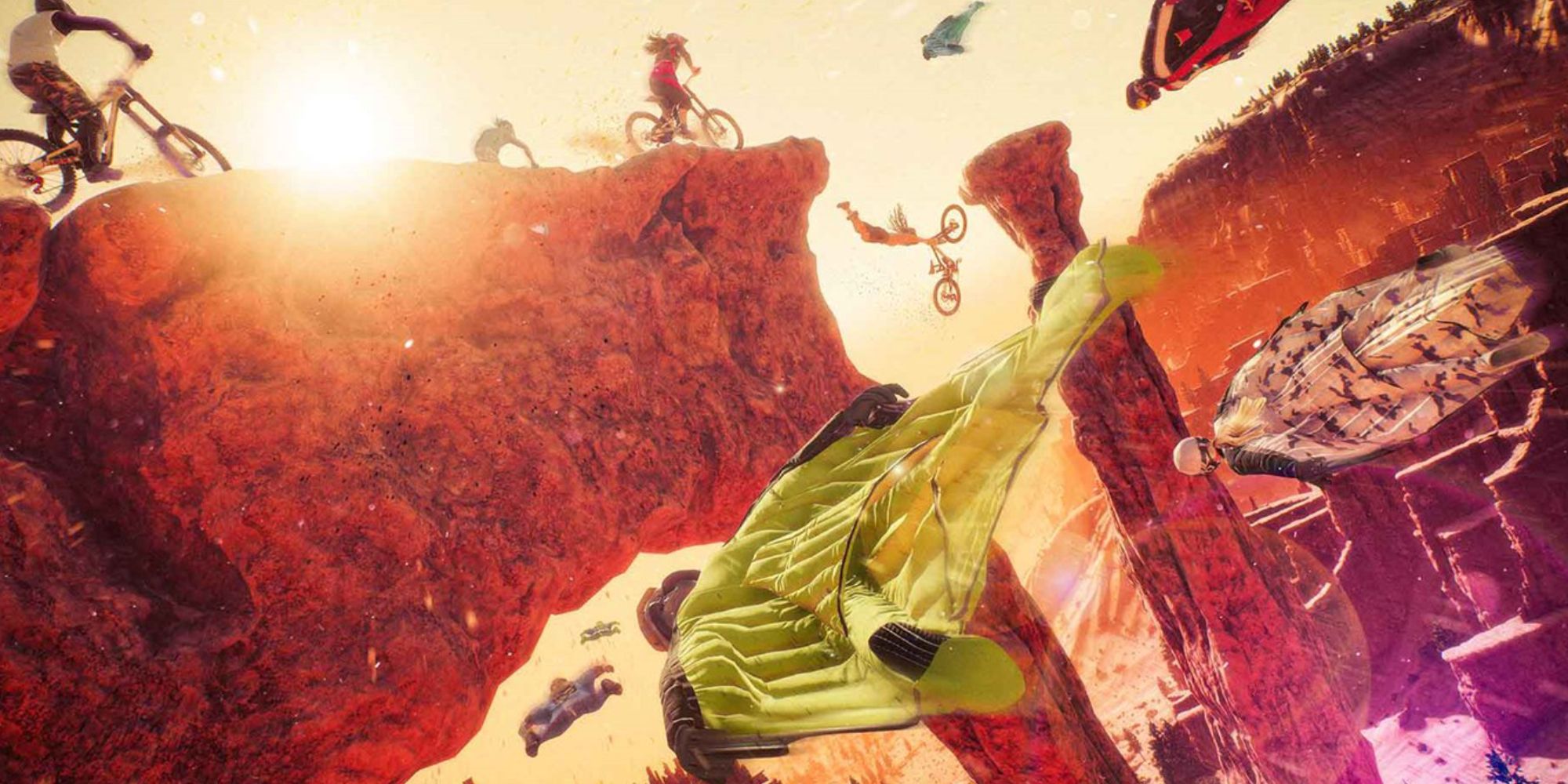 bikes and wingsuits in canyon