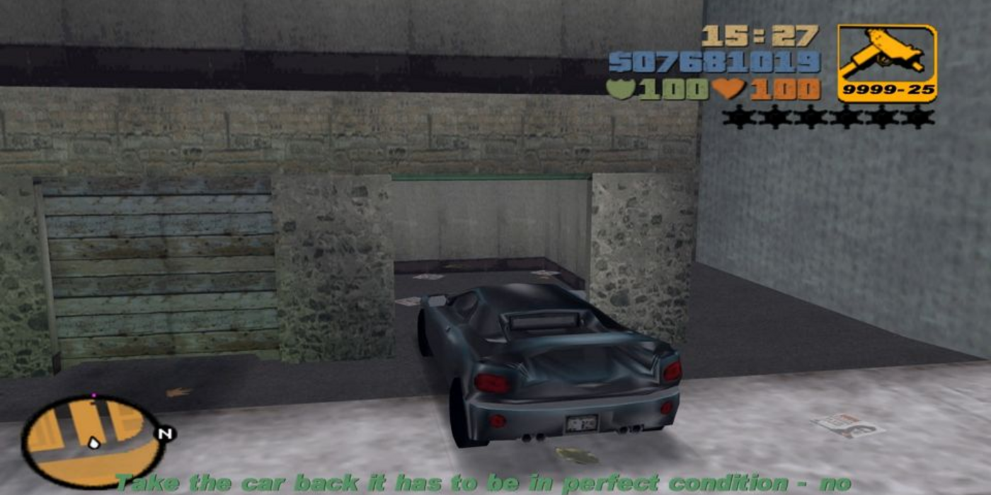 An Infernus drives into a garage in GTA 3