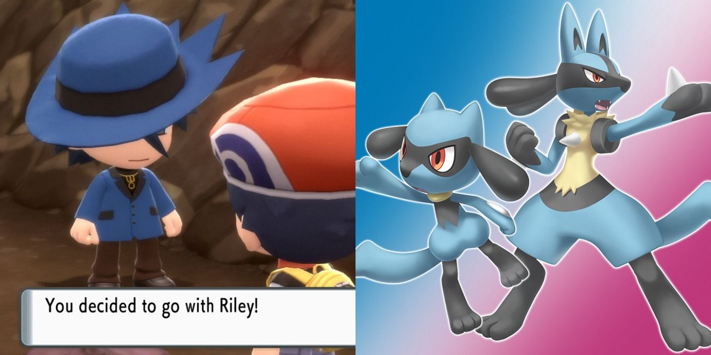 Split image of Riley joining the player in Iron Island and official art of Riolu and Lucario