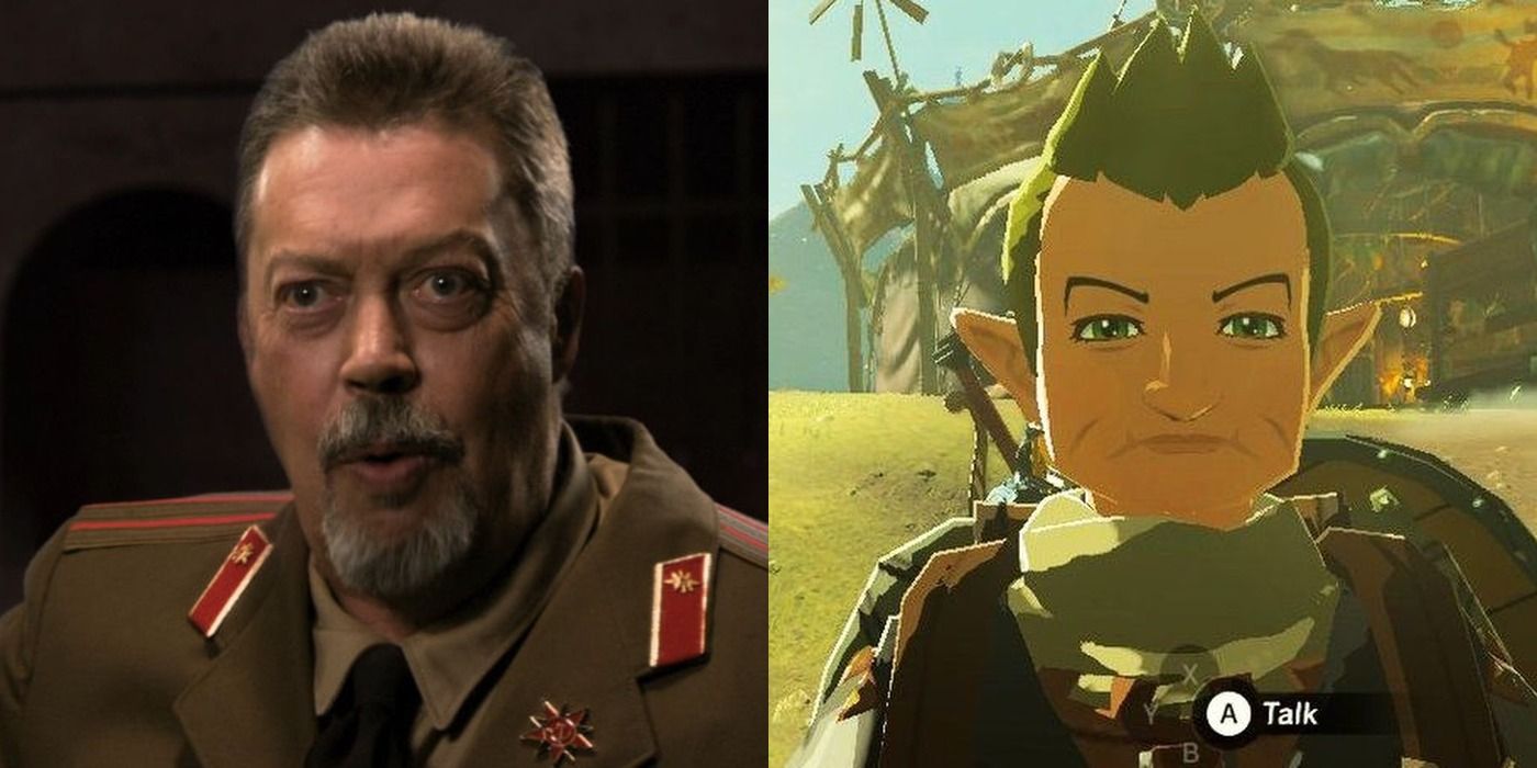 Split image of Robin Williams and Tim Curry playing video game characters