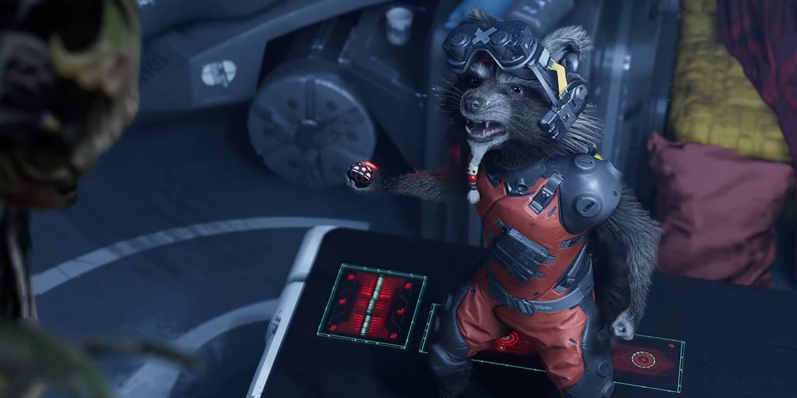 Rocket wielding a grenade while arguing with Groot in Marvel's Guardians Of The Galaxy