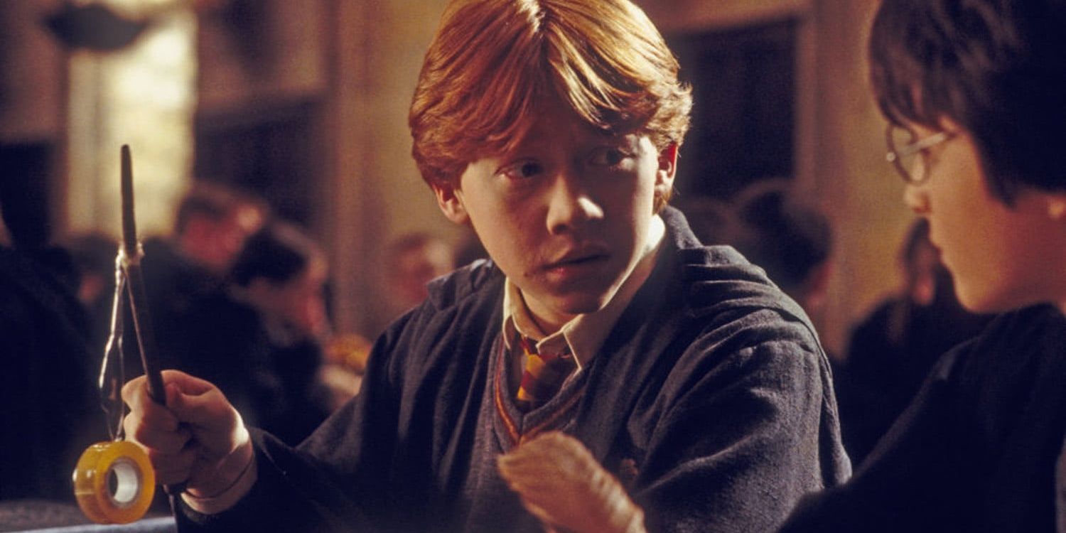 Ron holds up his broken wand in Harry Potter and the Chamber of Secrets