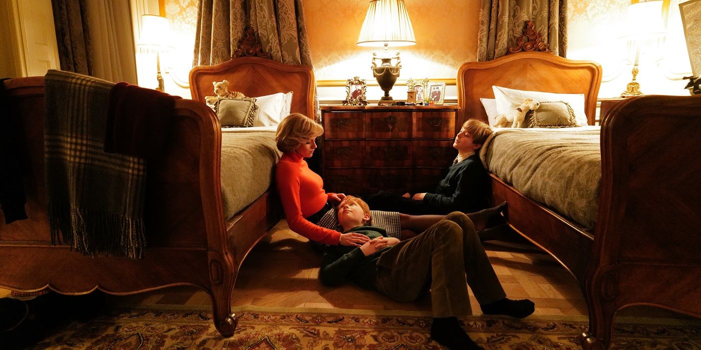 Diana, Harry, &amp; William sit between two beds in Spencer.
