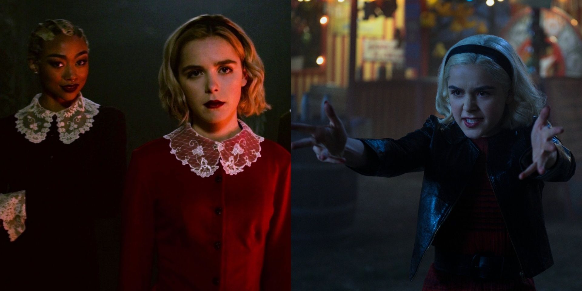 Split image of Sabrina alone and Sabrina with Prudence in Chilling Adventures of Sabrina