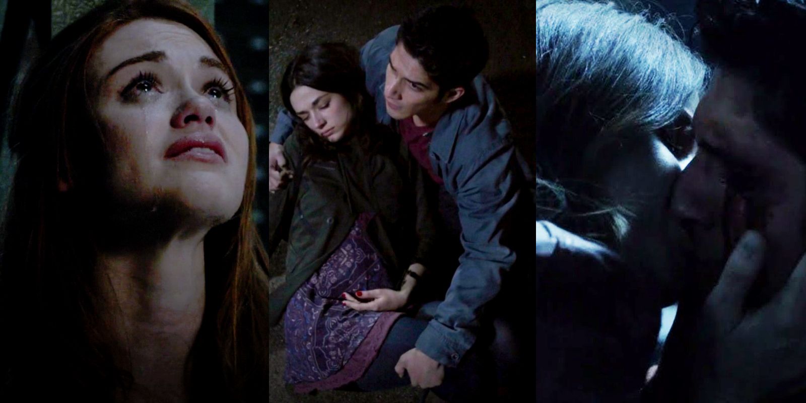 Split image of Lydia crying, Scott holding Allison, and Scott and Malia kissing in Teen Wolf.