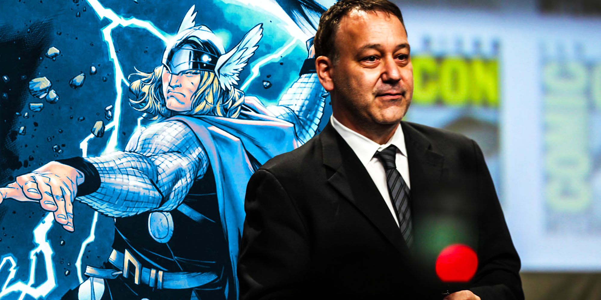 Blended image of a Thor comic book and Sam Raimi
