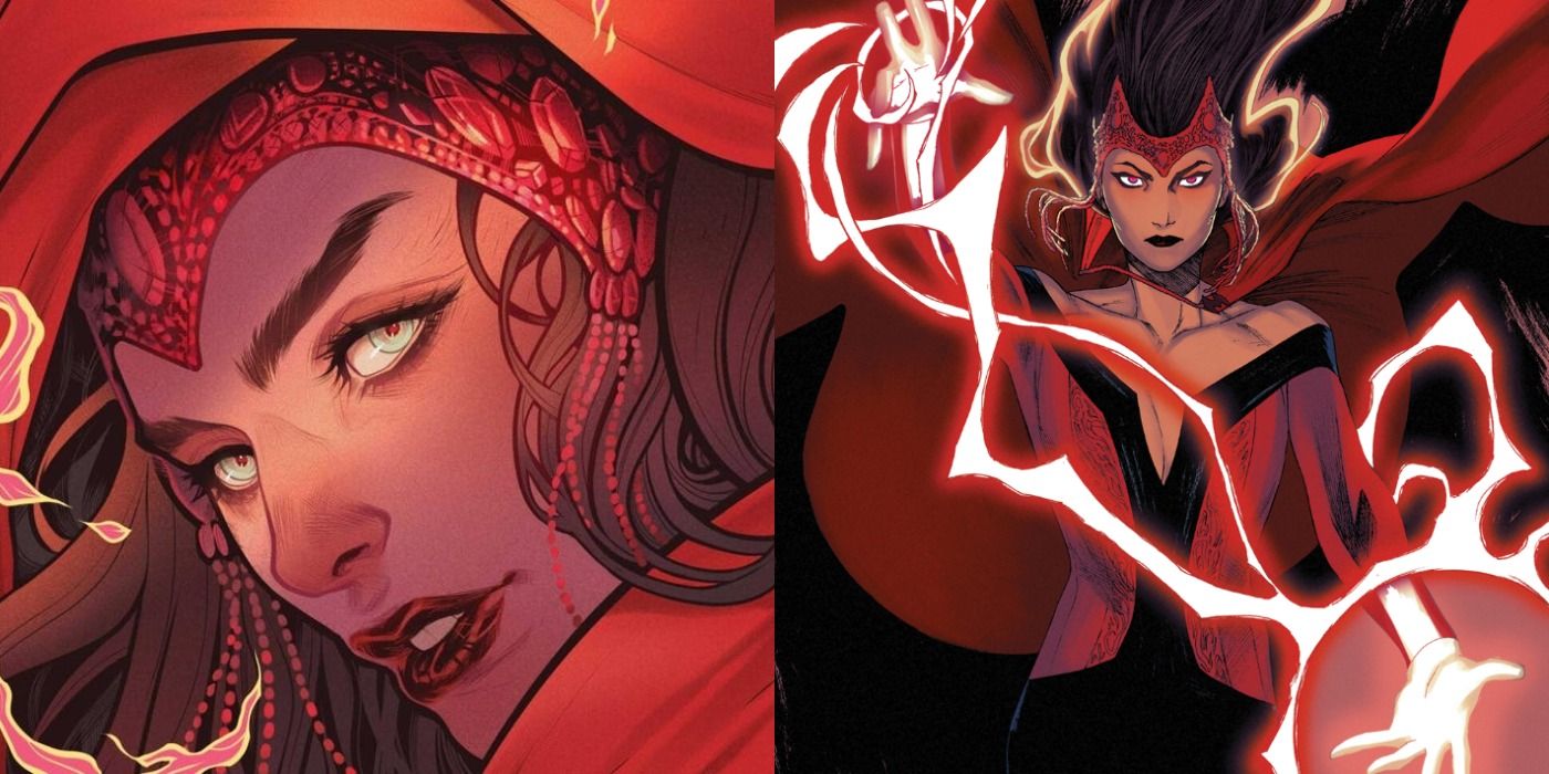 Split image of a close-up of Wanda and her in costume practicing sorceries