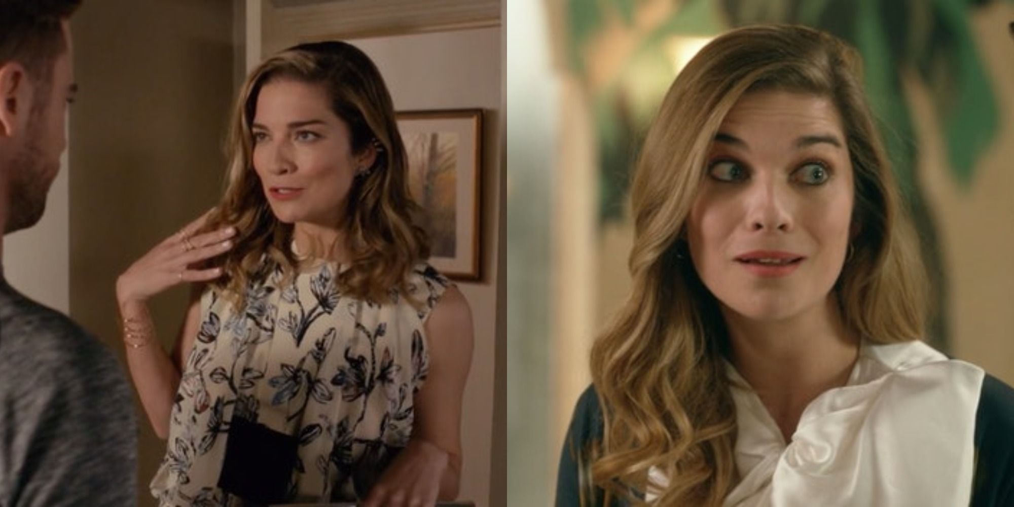 Split image showing Alexis talking to Ted and looking surprised in Schitt's Creek