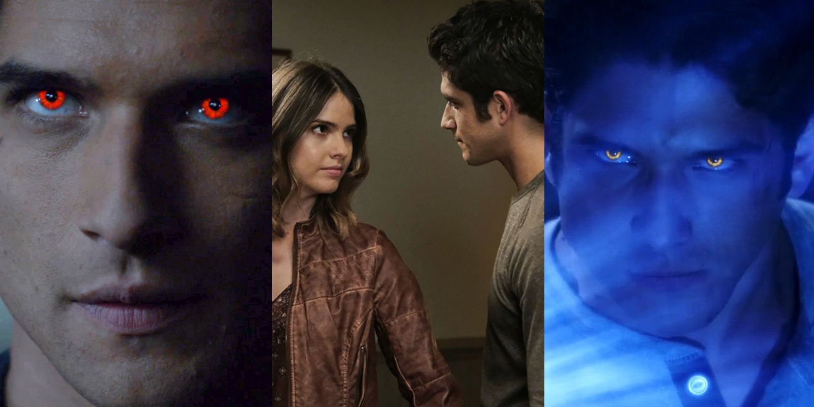 Split image of Scott McCall with red eyes, looking at Malia, and becoming a true alpha in Teen Wolf.