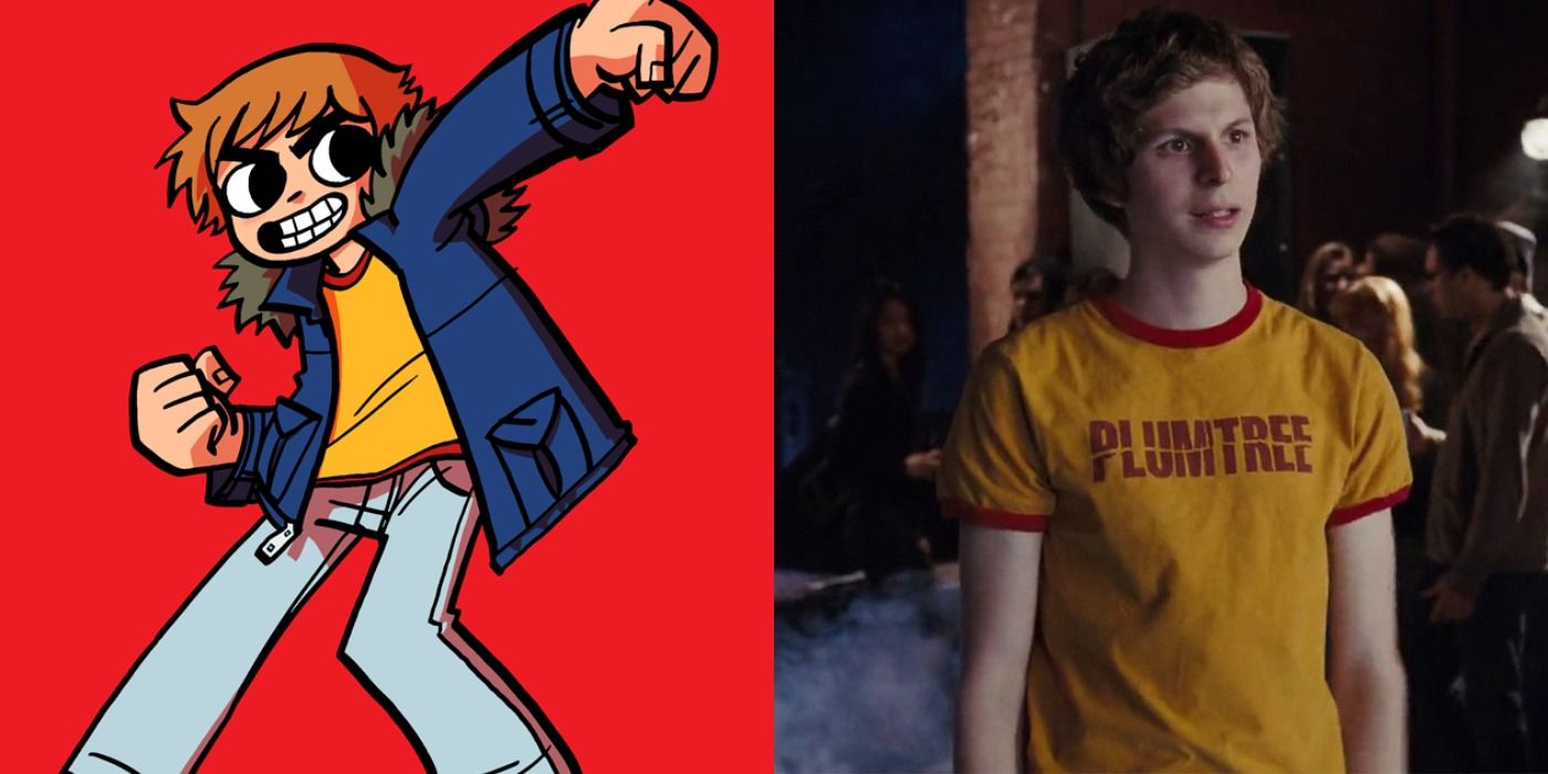 Split image showing Scott Pilgrim in the comics and the movie