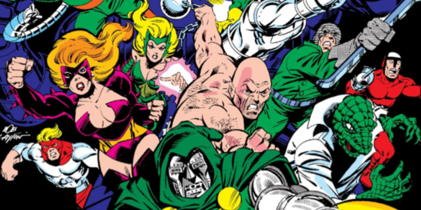 An image of Marvel's villains charging forward in Secret Wars comic. 