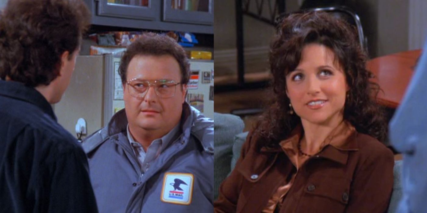Split image of Jerry and Newman talking and Elaine smiling on Seinfeld