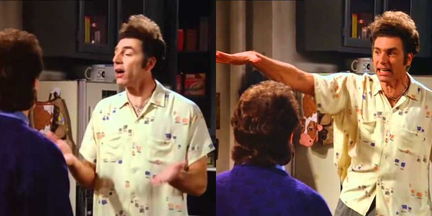 Split image of Jerry listening to Kramer's bus story on Seinfeld