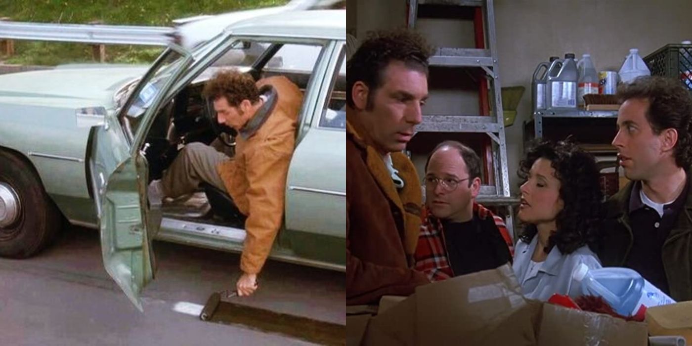 Split image of Kramer leaning out of his car and Kramer, George, Elaine, and Jerry talking on Seinfeld