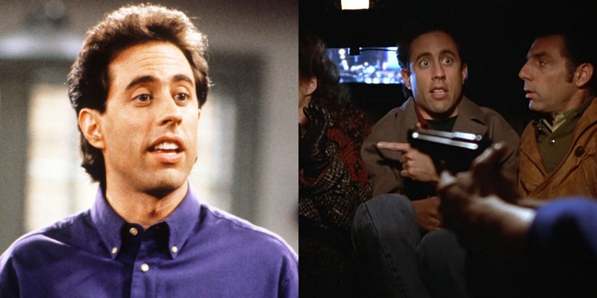 Split image of Jerry in his apartment and in a limo in Seinfeld