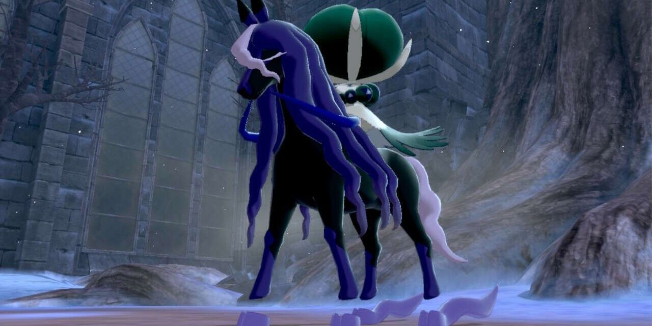 Shadow Rider Calyrex prepares to battle the player character in Pokemon Sword &amp; Shield's Crown Tundra